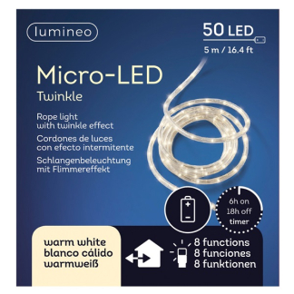 Lumineo Lichtslang op batterijen | 7 meter | Lumineo (50 micro LEDs, 8 lichtstanden, Timer, Warm wit, Binnen/Buiten) 492836 K151000008 - 